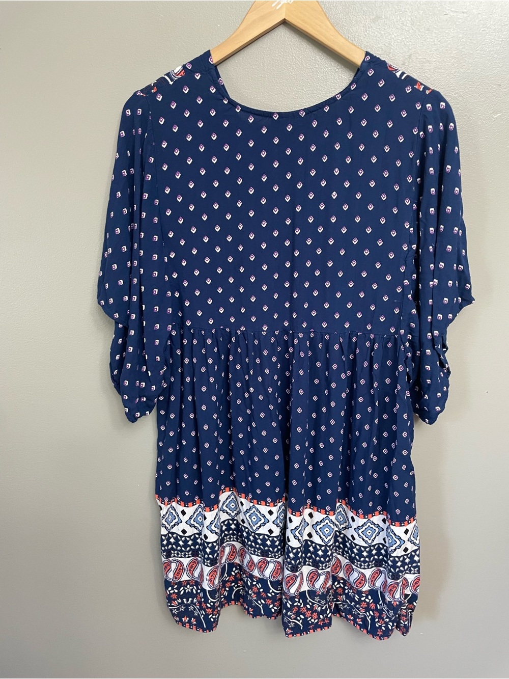 Angie Boho Mini Dress Large Navy Paisley Floral Babydoll Sleeve - Picture 4 of 6